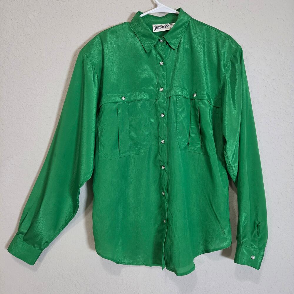 Vintage Blouse Yves St Clair Women 14 Large Green 90s Cargo Pockets Party Dressy